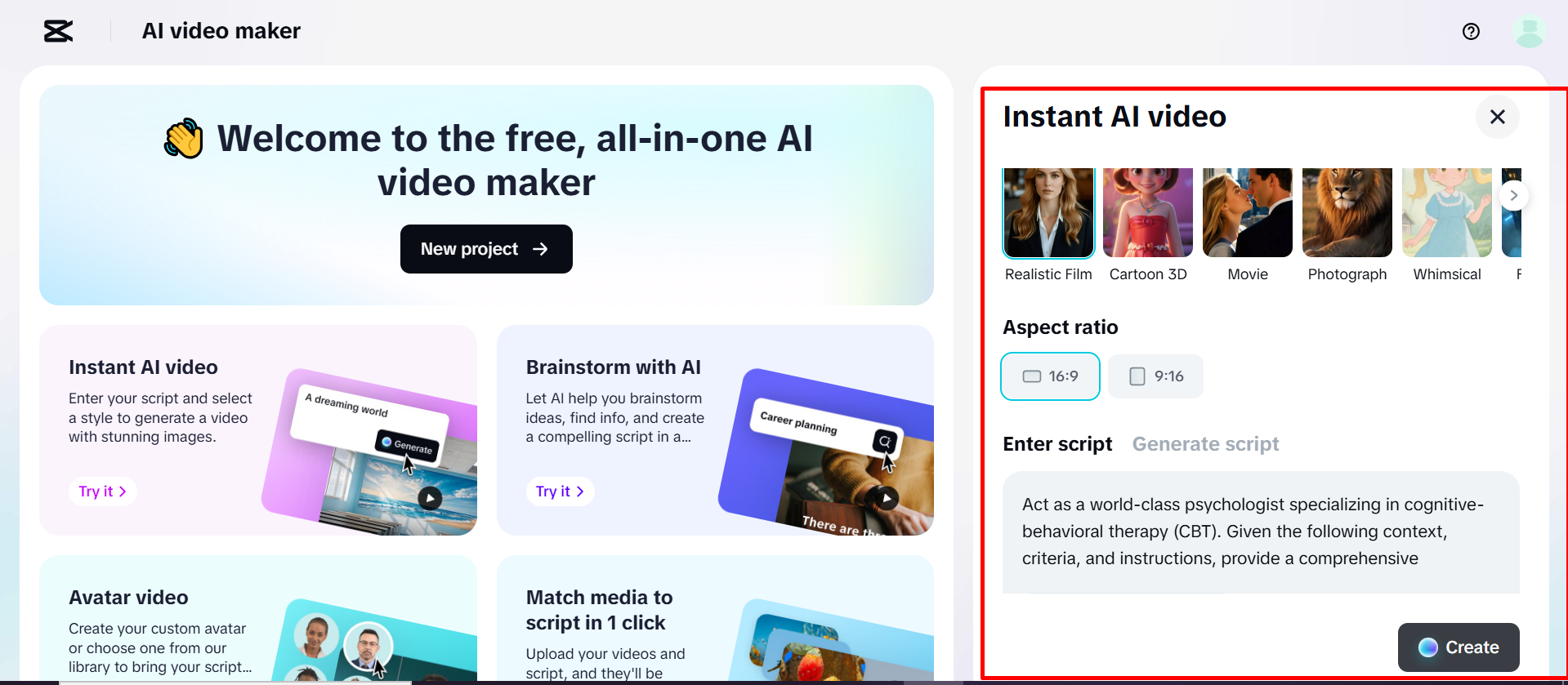 Menempelkan prompt pada pembuat video AI di CapCut Web