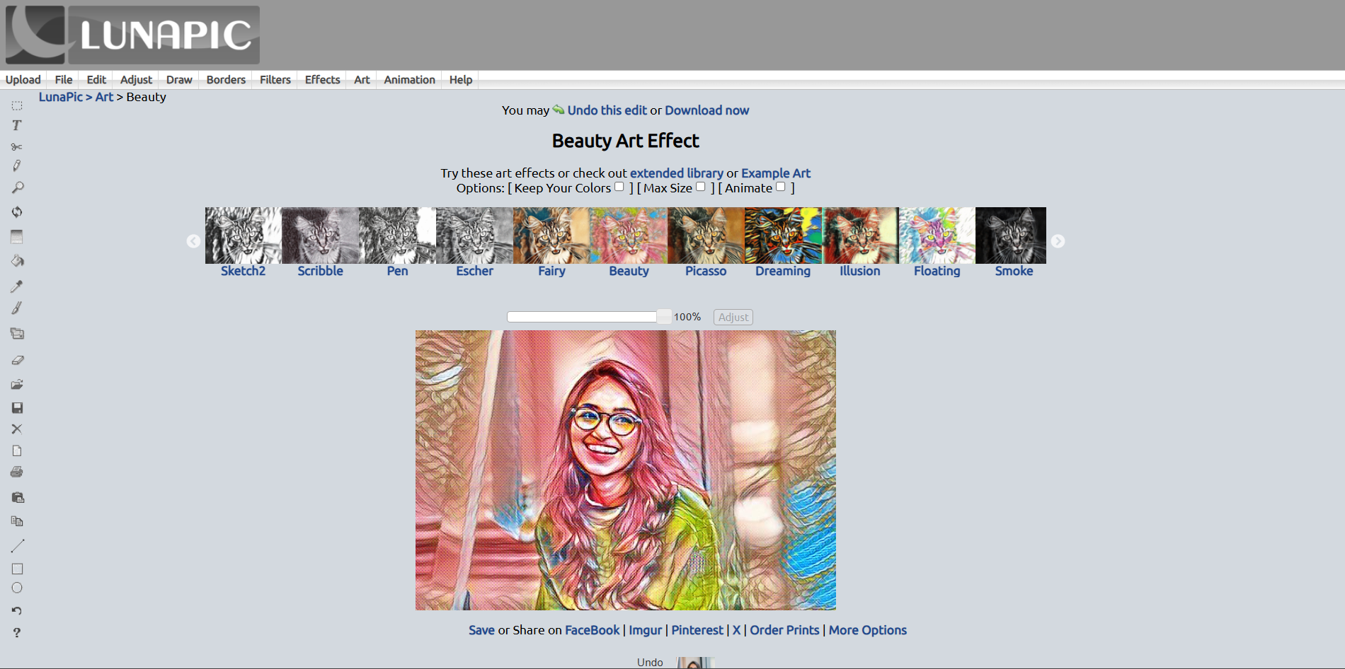 Interface of Lunapic - a valuable beauty photo editor