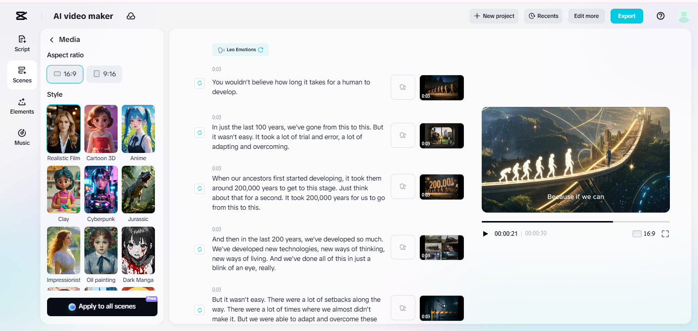 The interface of CapCut's AI video maker tool