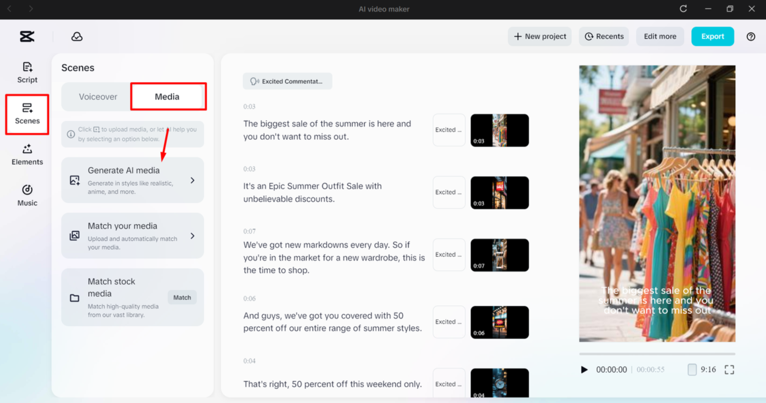 Replacing the media of video ad in AI video maker