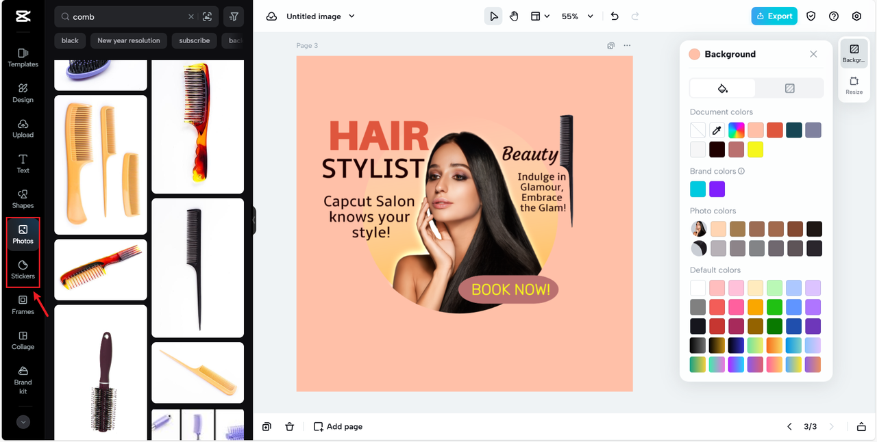 Haircare AI concept mock - mga bote, suklay, makintab na mga hibla
