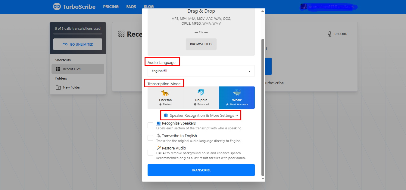 Procede para crear una transcripción fácilmente en Turboscribe