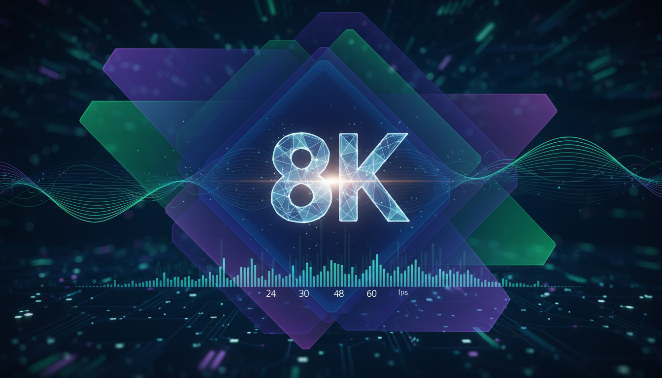 En abstrakt grafik som representerar högkvalitativa videoexportinställningar med ikoner för 8K-upplösning, bithastighet och bildhastighet.