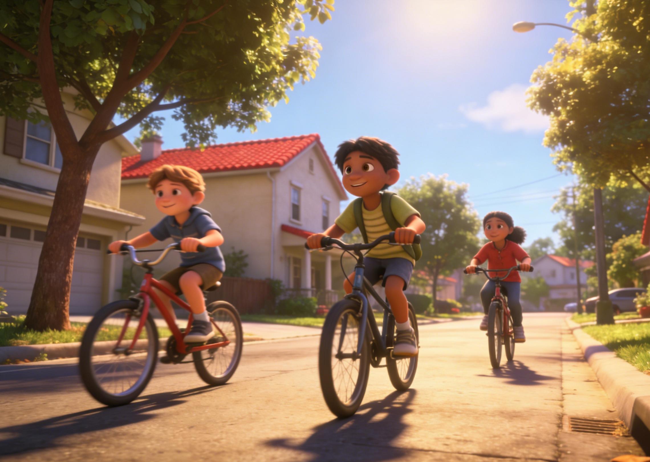 Generate a story video of kids riding bikes in a neighborhood