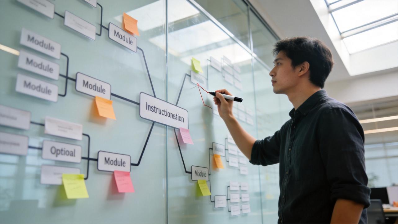 Man maps course modules on a glass wall with a marker