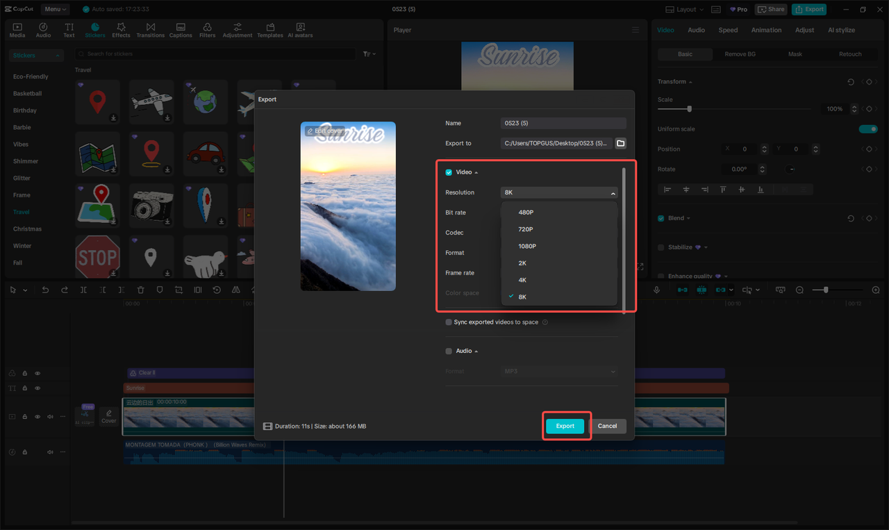 Exportar el video para Instagram