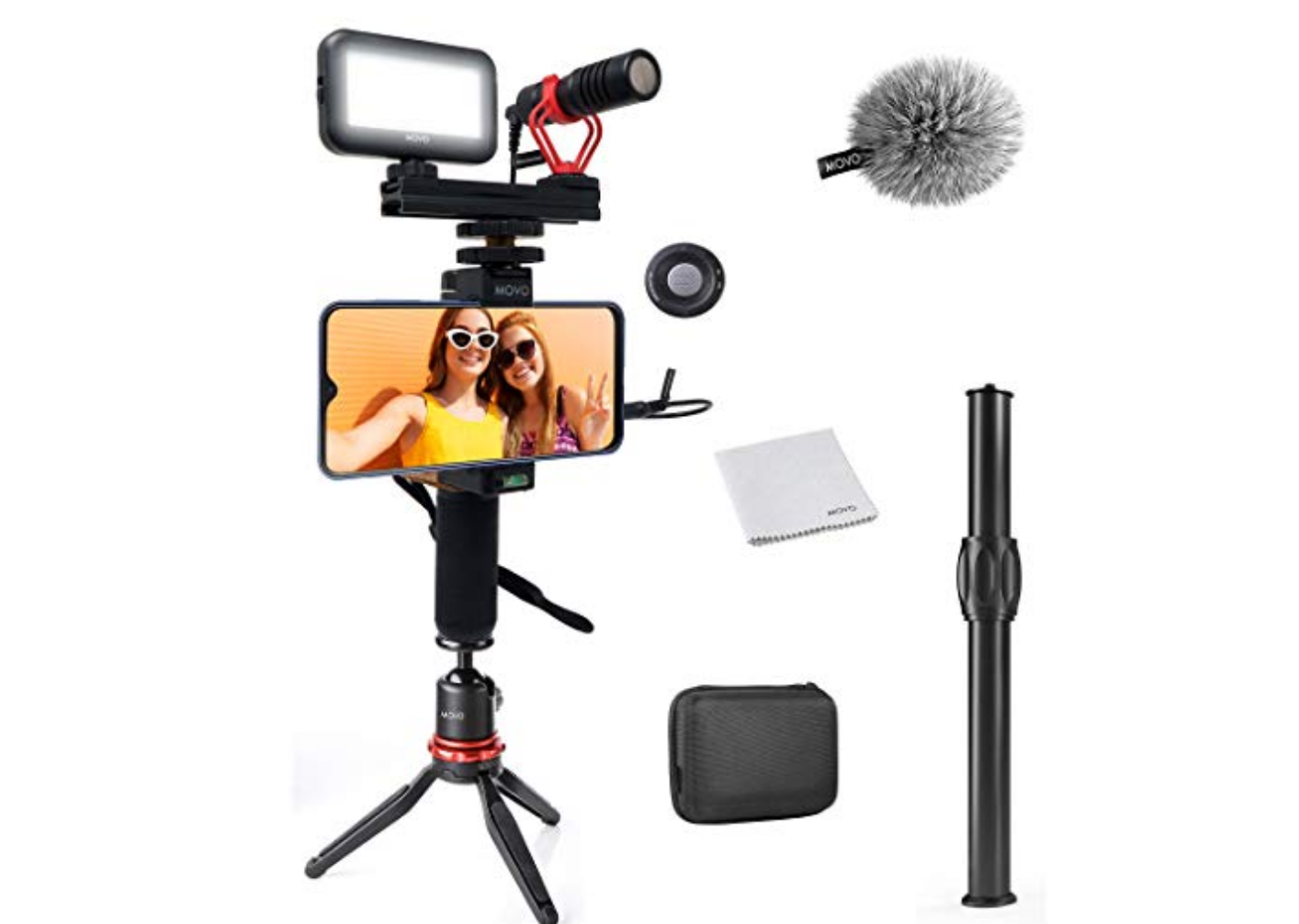 Basic vlogging gear including phone, mic, and tripod