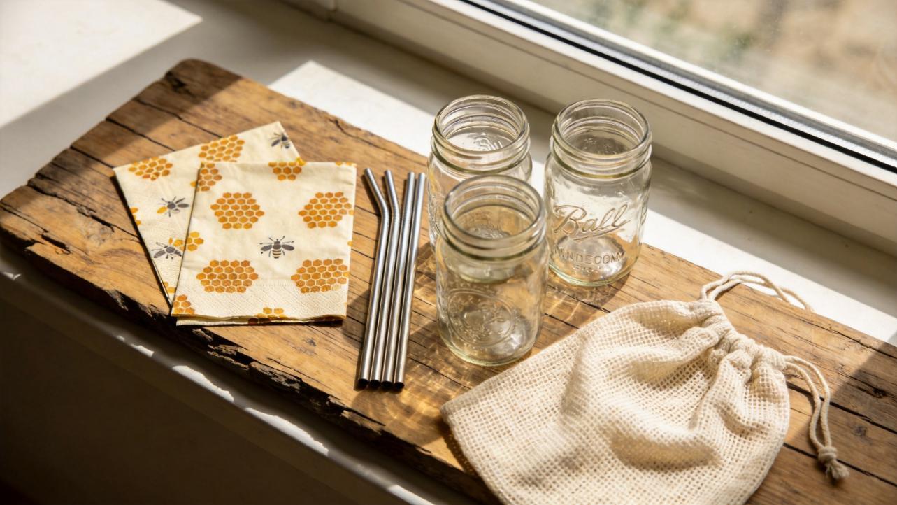 Reusable straws, glass jars, cloth napkins, and a mesh bag on a wooden board by a window