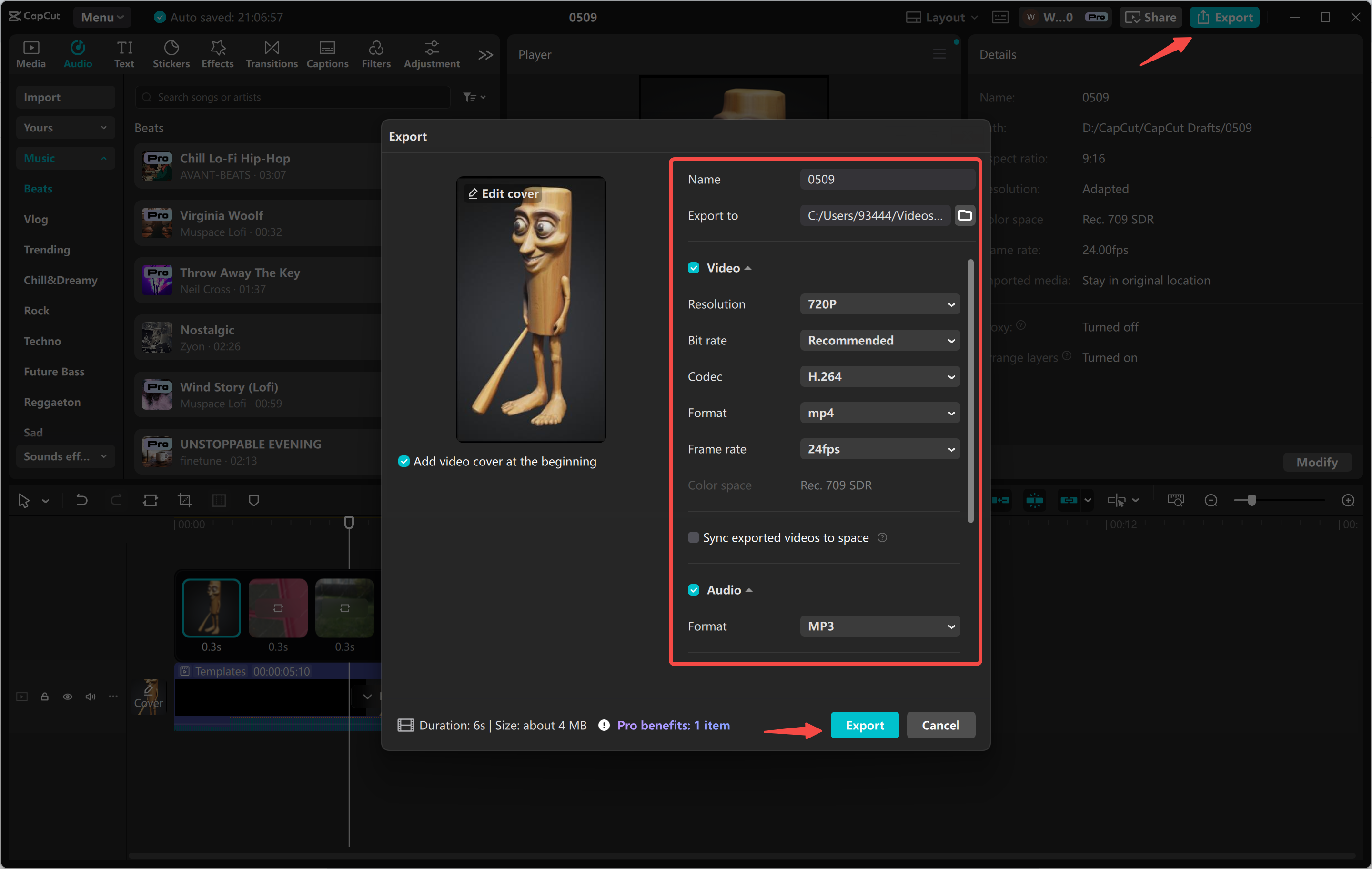 Exporting a video from the CapCut desktop video editor