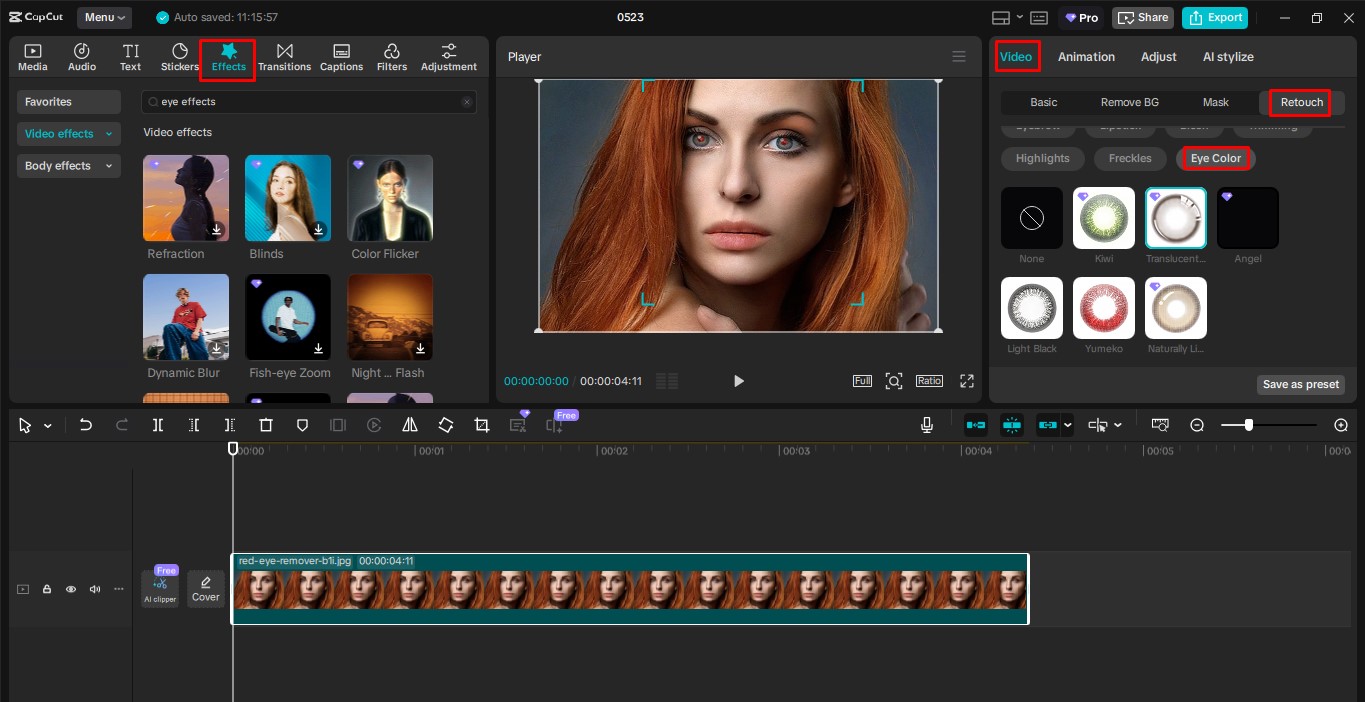 Alterando a cor dos olhos usando o editor de vídeo para desktop CapCut