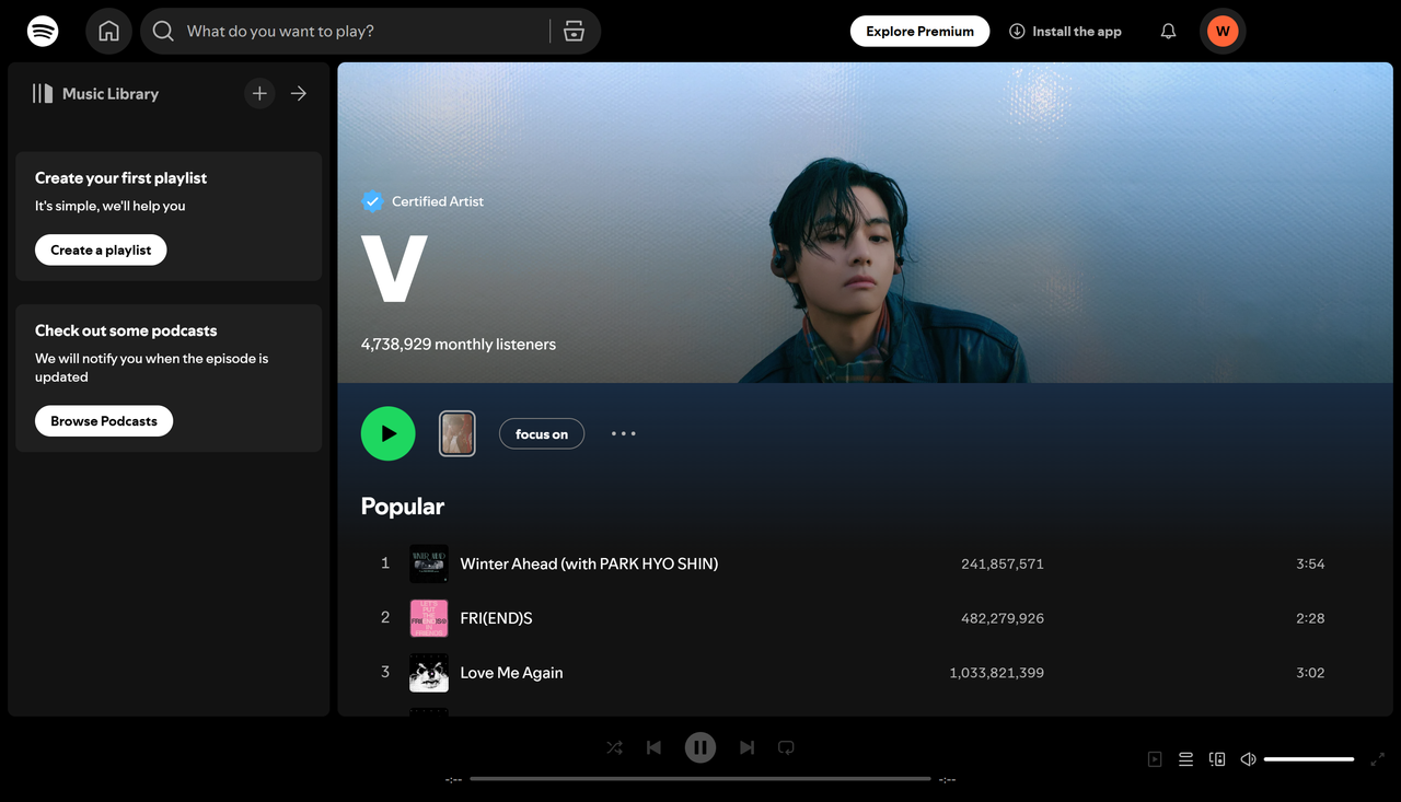 V - El artista de K-pop más transmitido en Spotify, admirado por su voz conmovedora