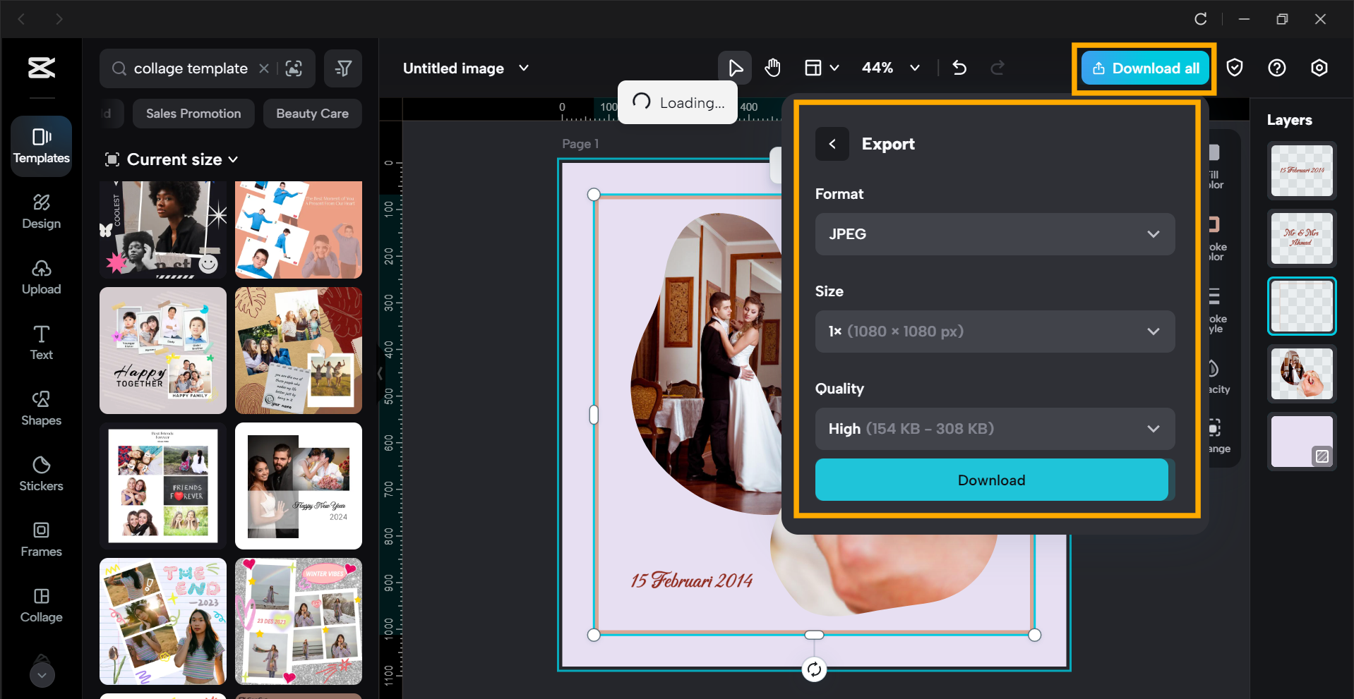CapCut export screen with collage ready for sharing