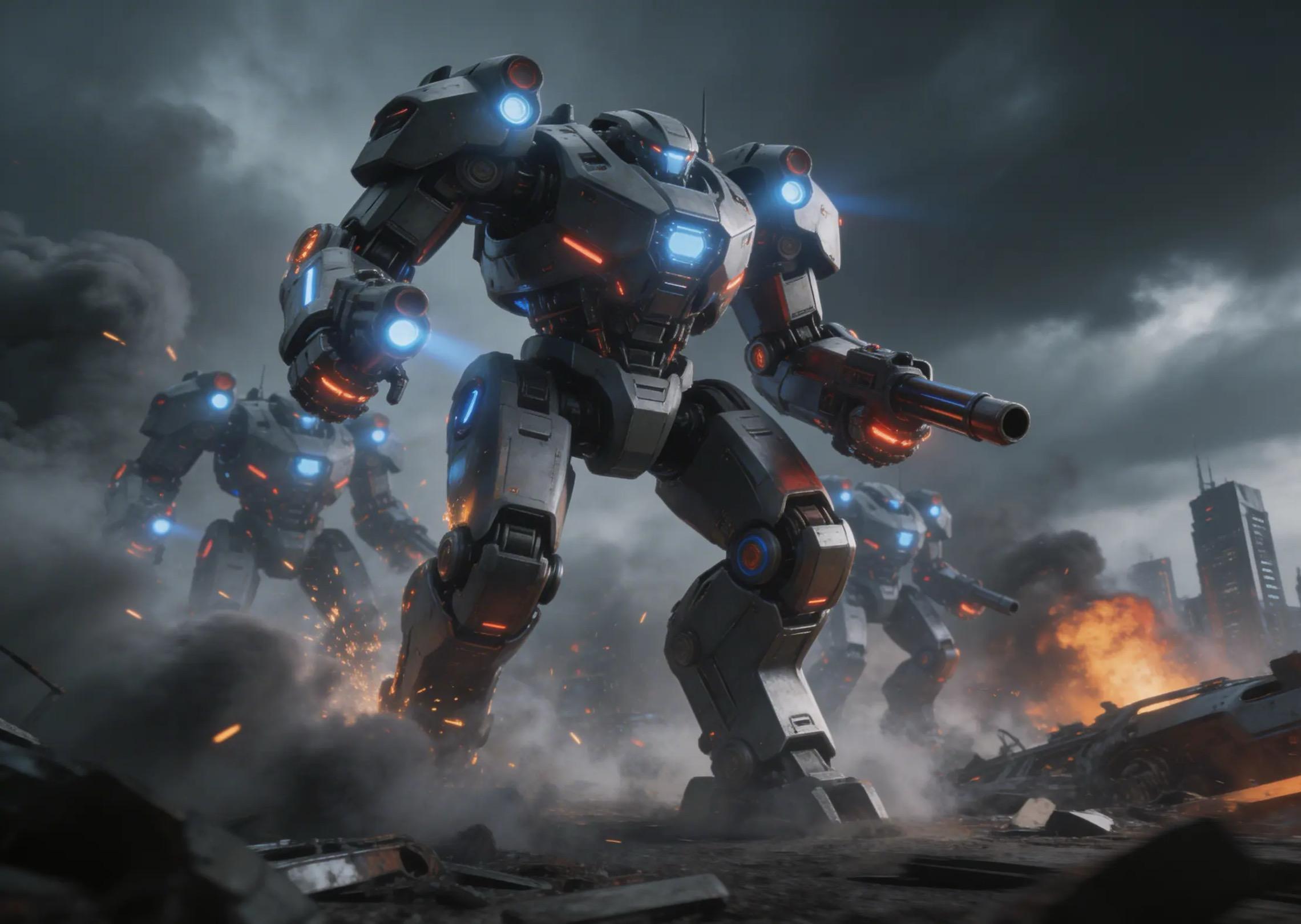 A futuristic battlefield with towering mech robots advancing through smoke
