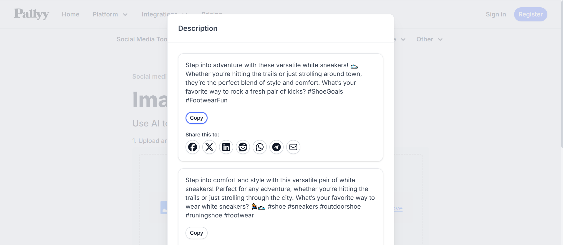 Pallyy AI image description example showing captions generated for white sneakers