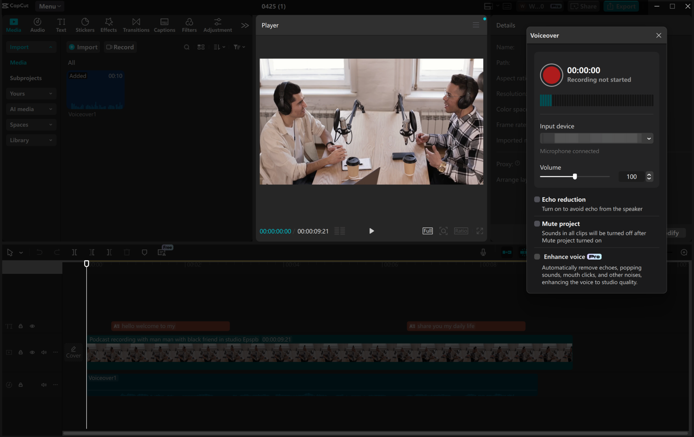 Interfaz del CapCut editor de vídeo de escritorio - grabadora de audio interna profesional