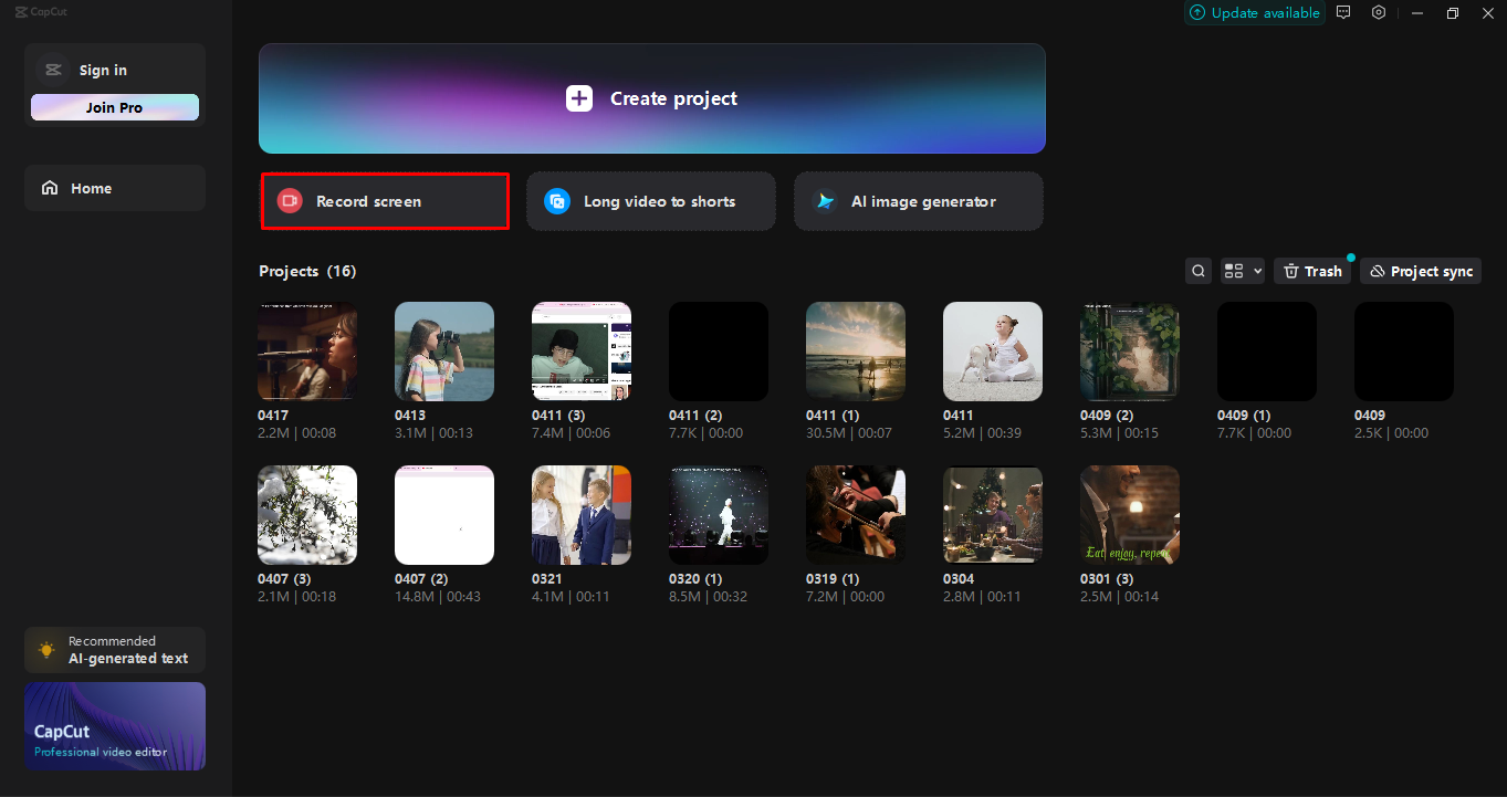 Launching a screen recorder in the CapCut desktop video editor