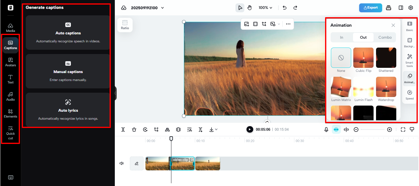 Opciones de edición inteligente en Pippit