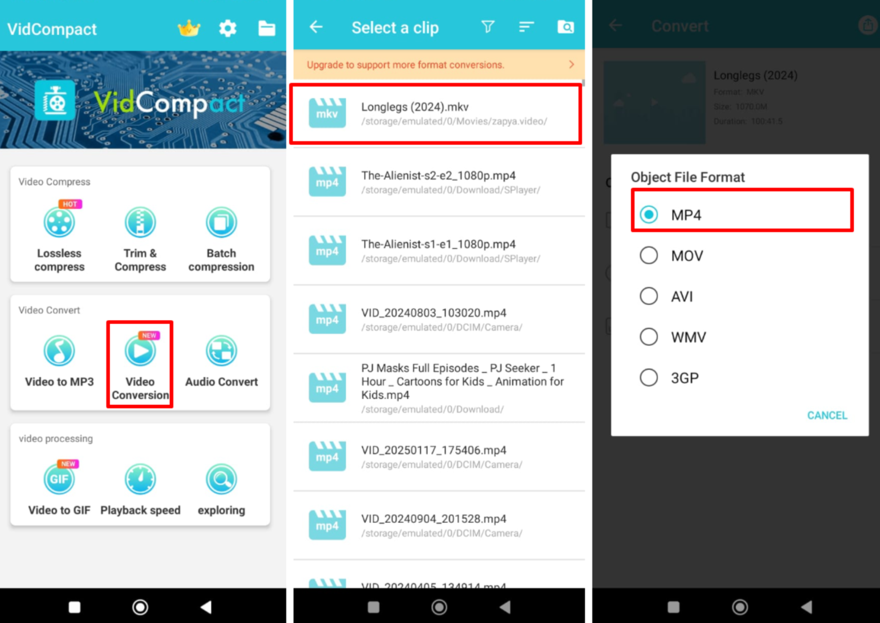 Image montrant comment changer le format vidéo en MP4 à l'aide de VidCompact