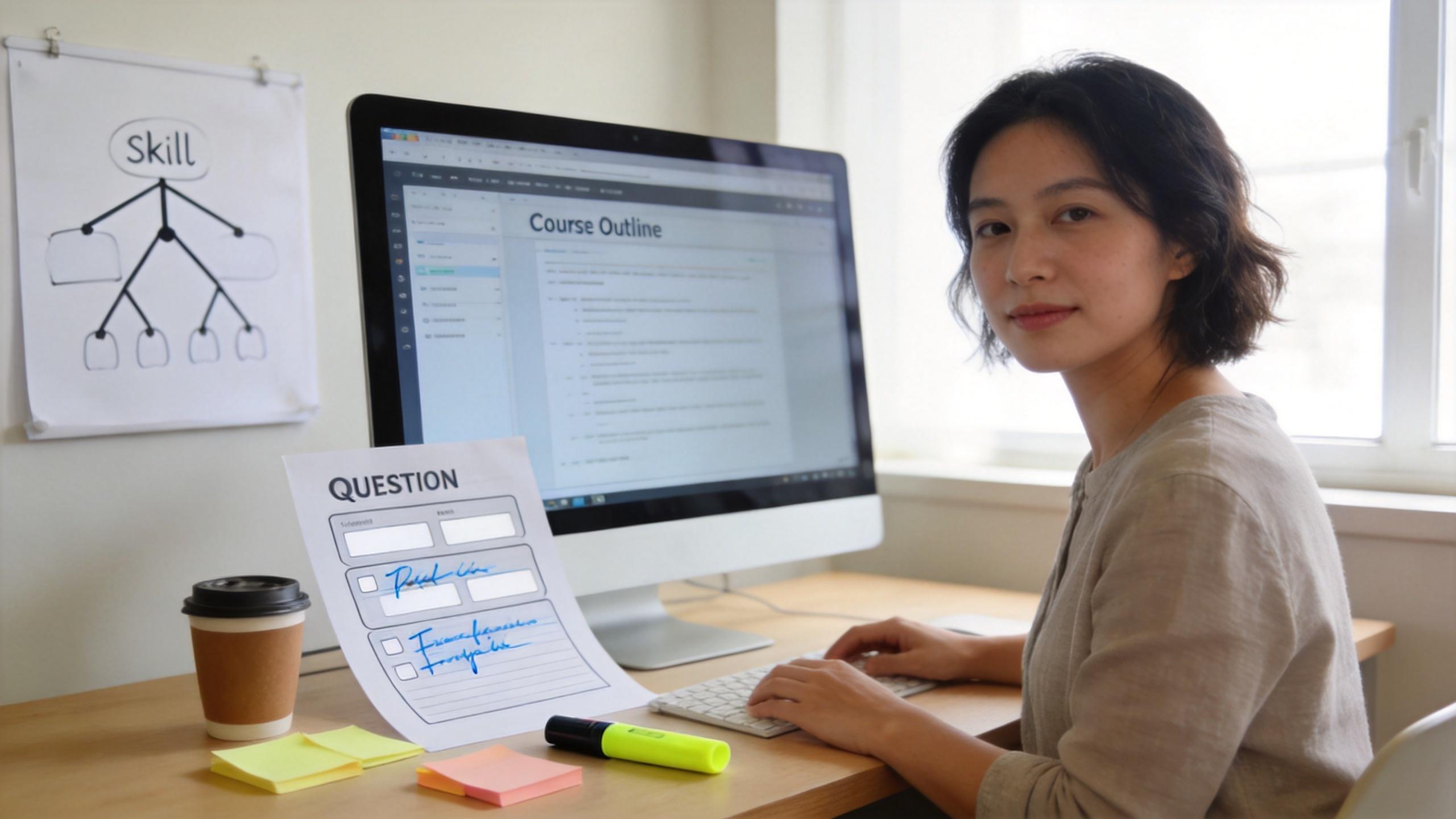 Woman at a desk beside a course outline on a monitor and a printed question sheet