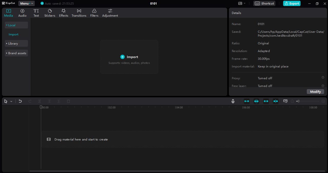 Upload an audio file in the CapCut desktop video editor interface