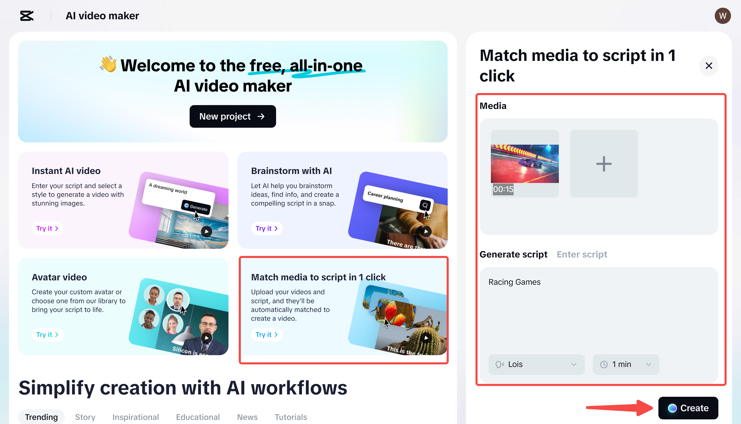 Generating your script and video in CapCut's AI video maker tool