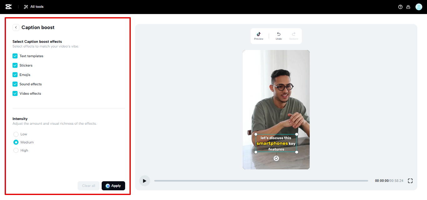 CapCut Web incremento delle didascalie
