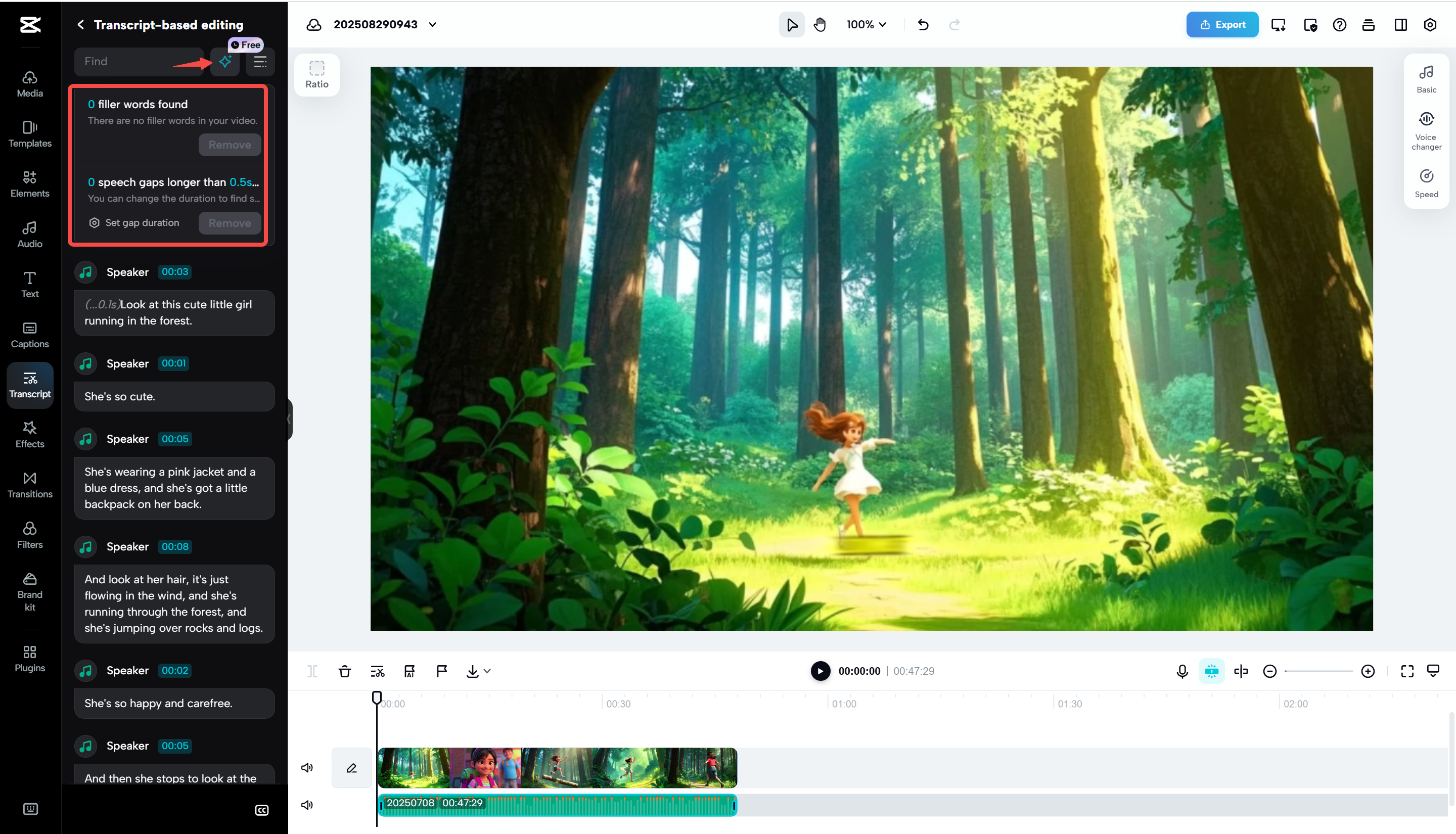 Panel de subtítulos automáticos para transcripción con subtítulos editables