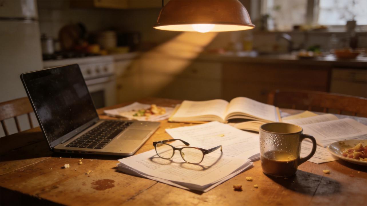Laptop, open books, glasses, and coffee mug on a study table under a hanging lamp