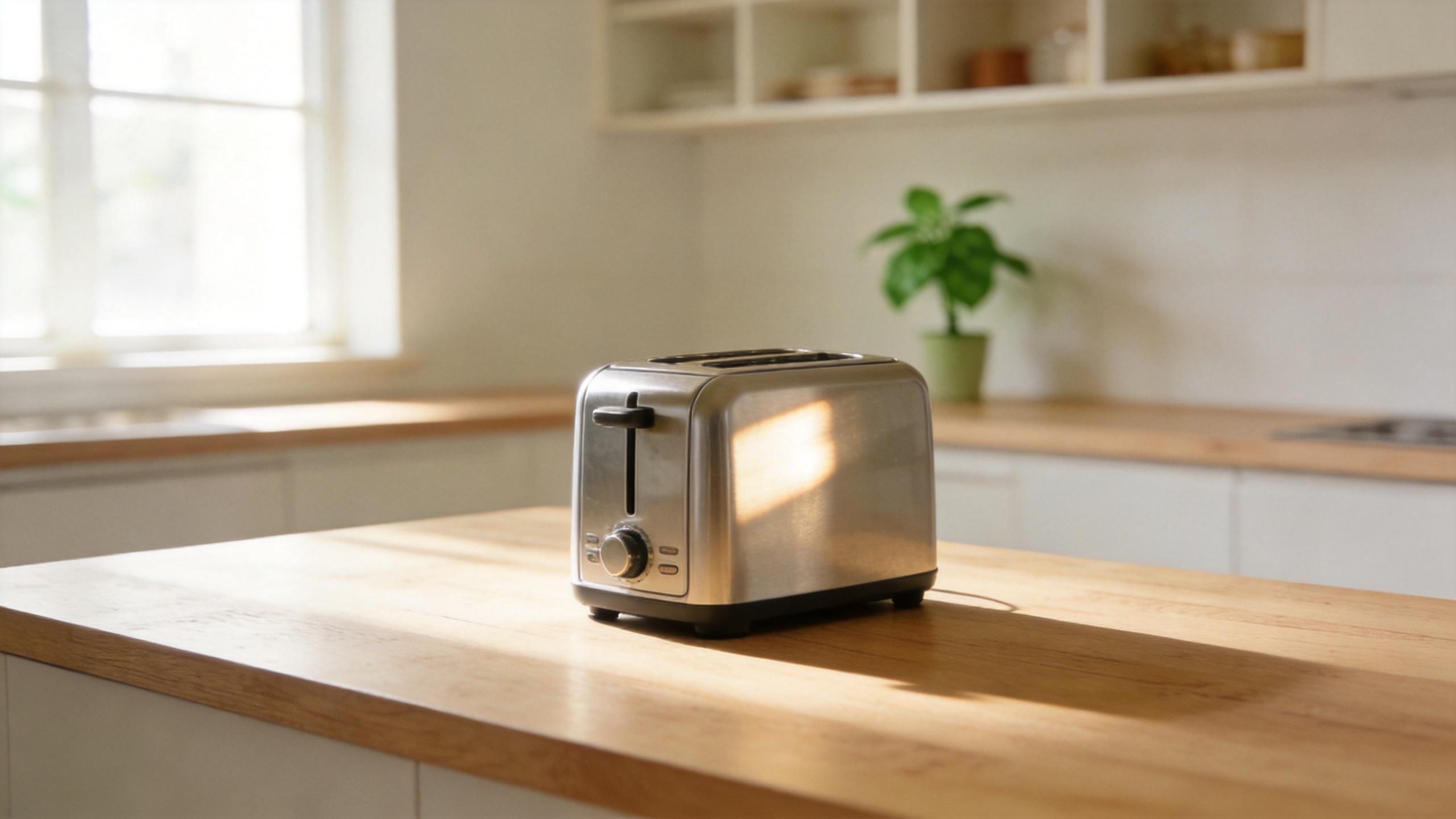 Stainless steel toaster on a sunlit kitchen counter