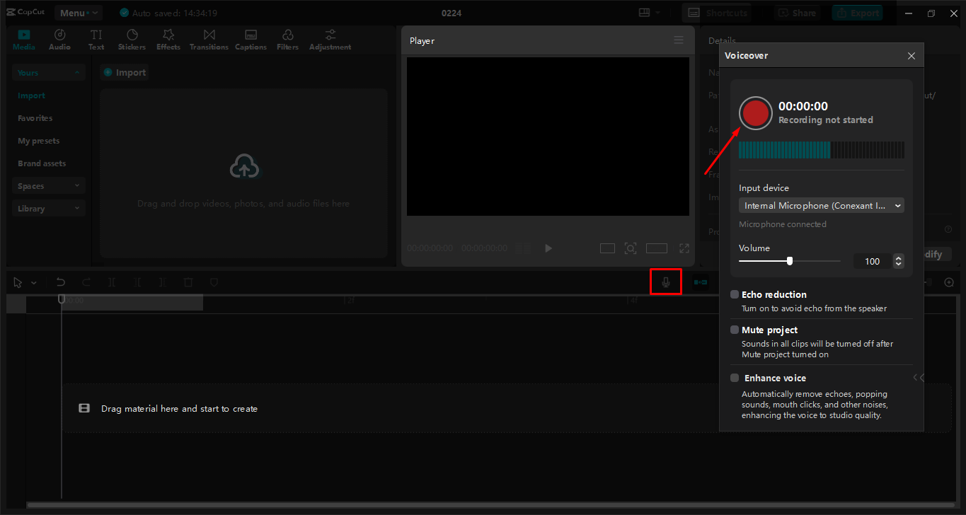 Nahrávání zvuku do editoru videa pro stolní počítače CapCut