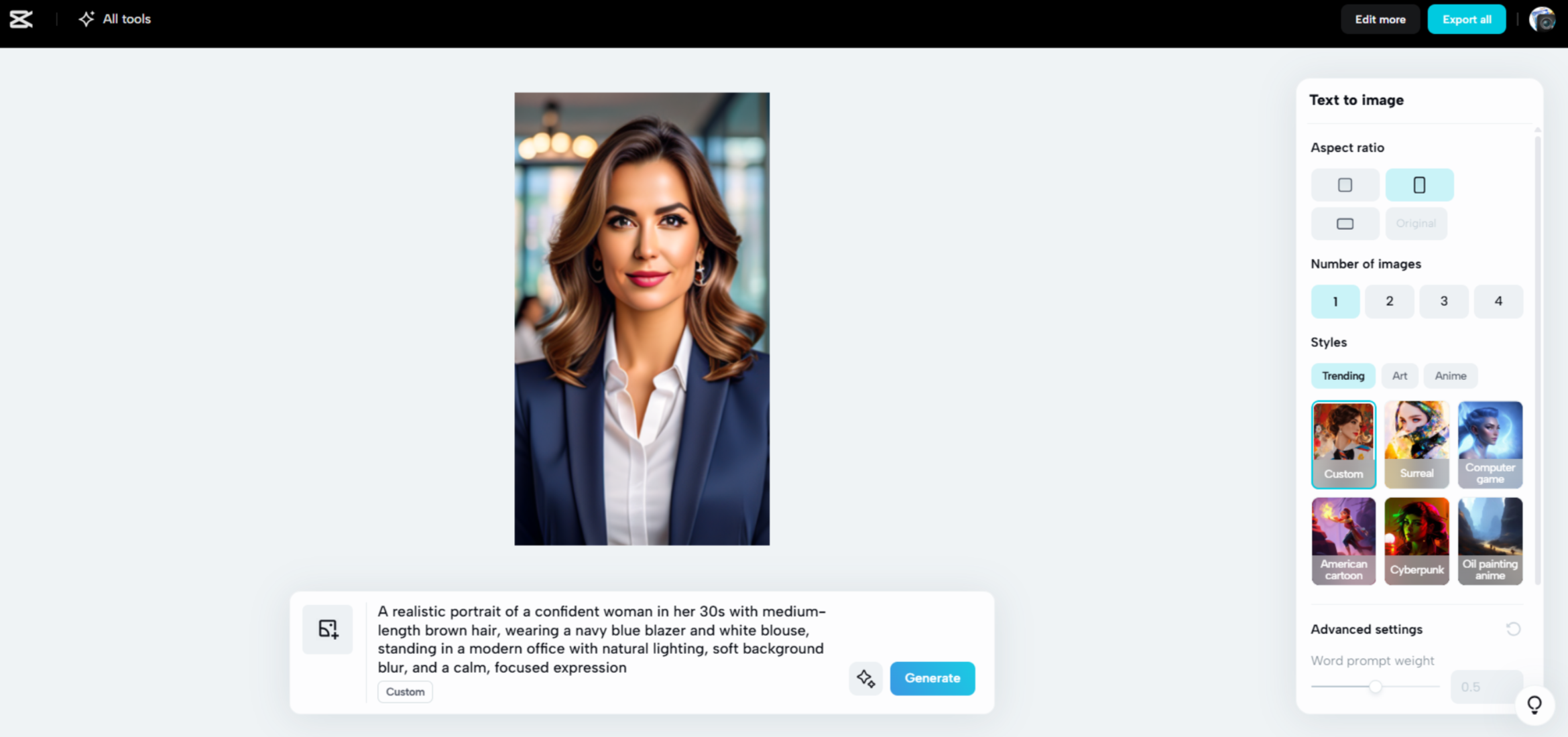 Antarmuka CapCut Web - generator gambar AI realistis terbaik