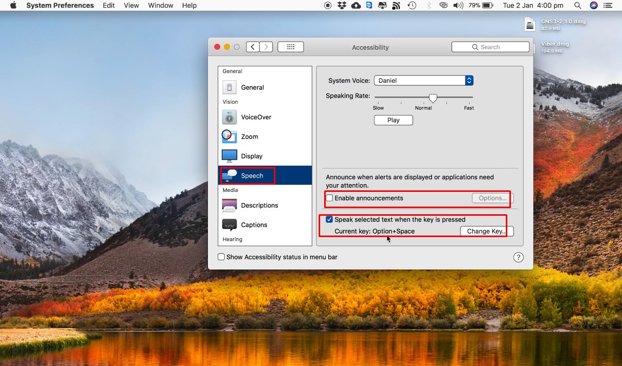 Enabling the text-to-speech Mac keyboard shortcut