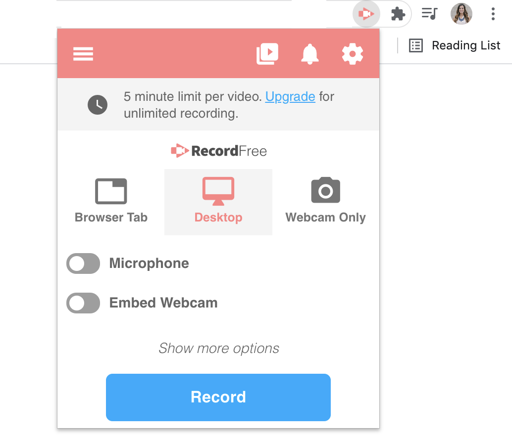 Interfaz de Screencastify: la mejor grabadora de pantalla que graba audio interno