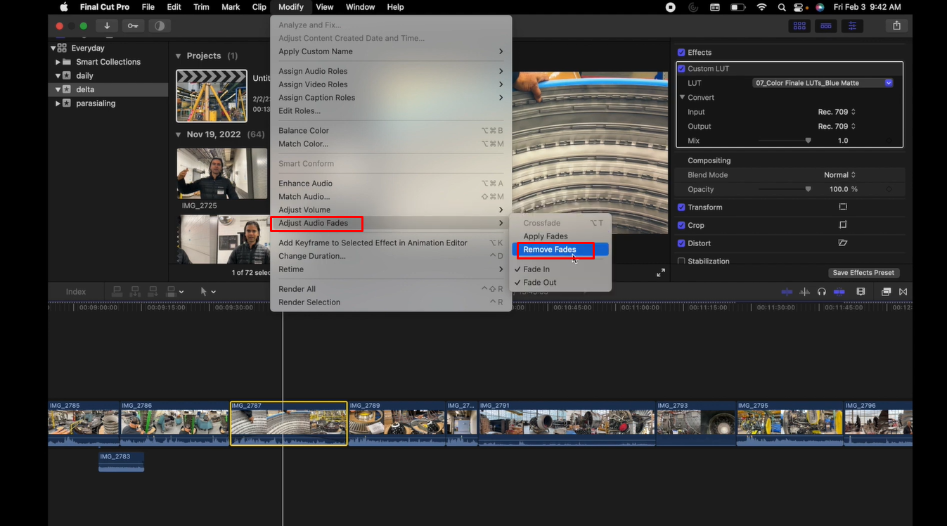 Click the required option to fade out sound Final Cut Pro