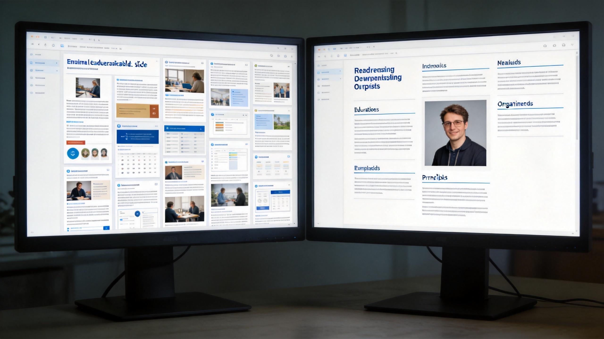 Two monitors show slideshow template layouts with text blocks, thumbnails, and a portrait section