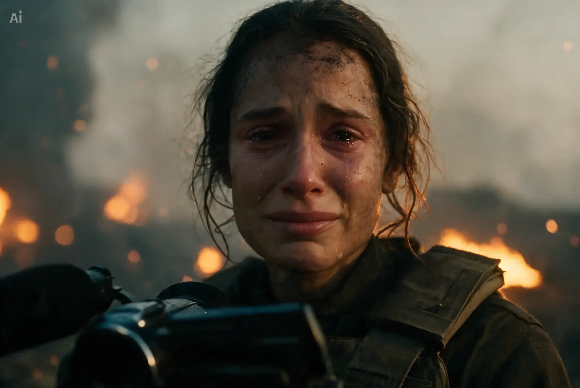 She looks forward in shock, breathing unevenly, struggling to hold back emotion as tears slowly run down her cheeks.