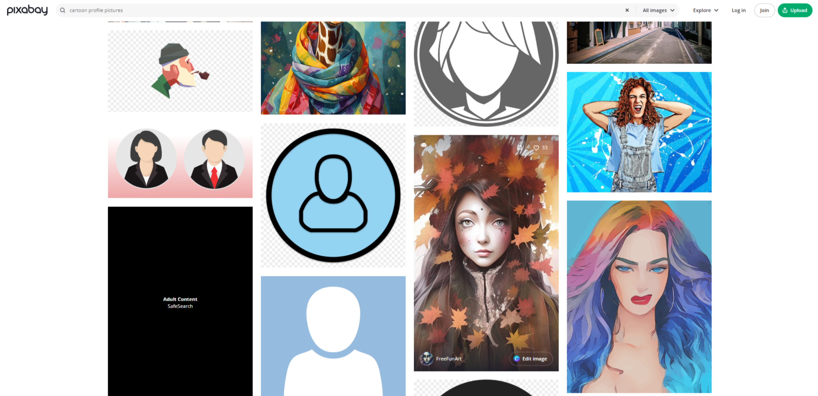 Interfaz de Pixabay: el lugar más popular para encontrar imágenes de perfil estilo caricatura para Instagram.