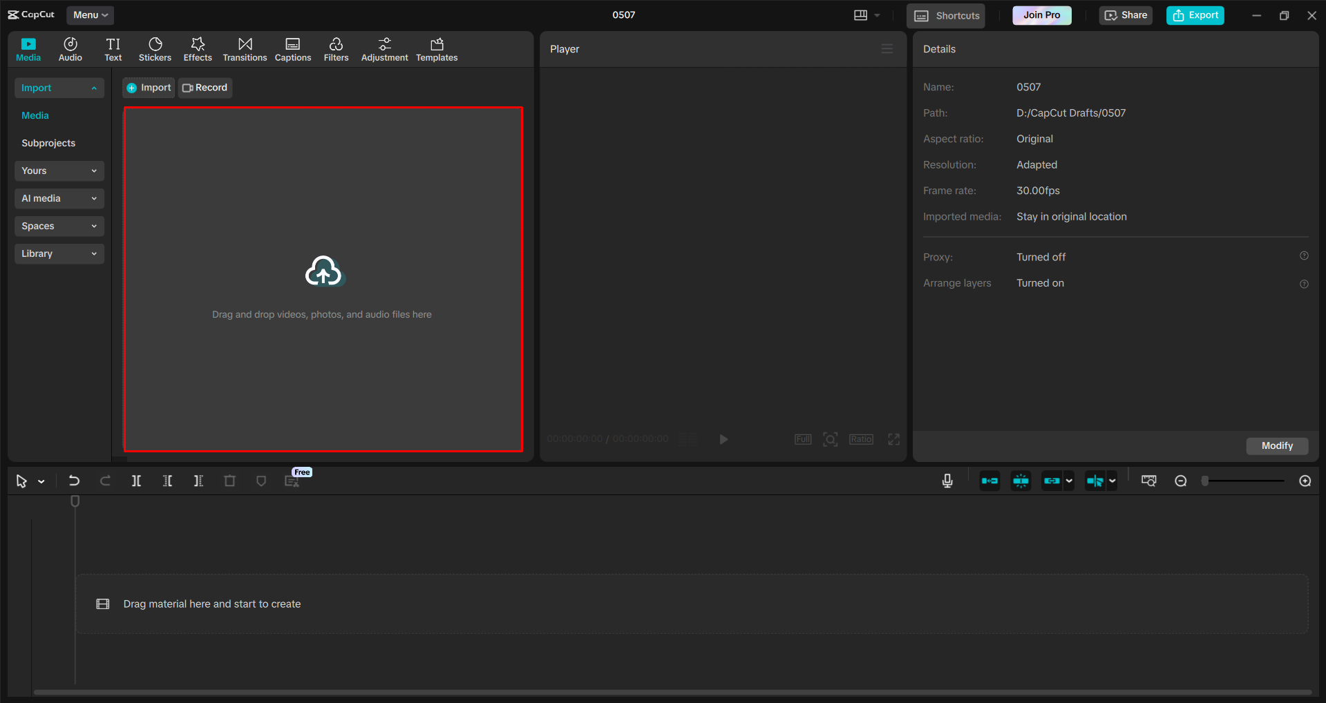 Importul unui videoclip în editorul video CapCut desktop