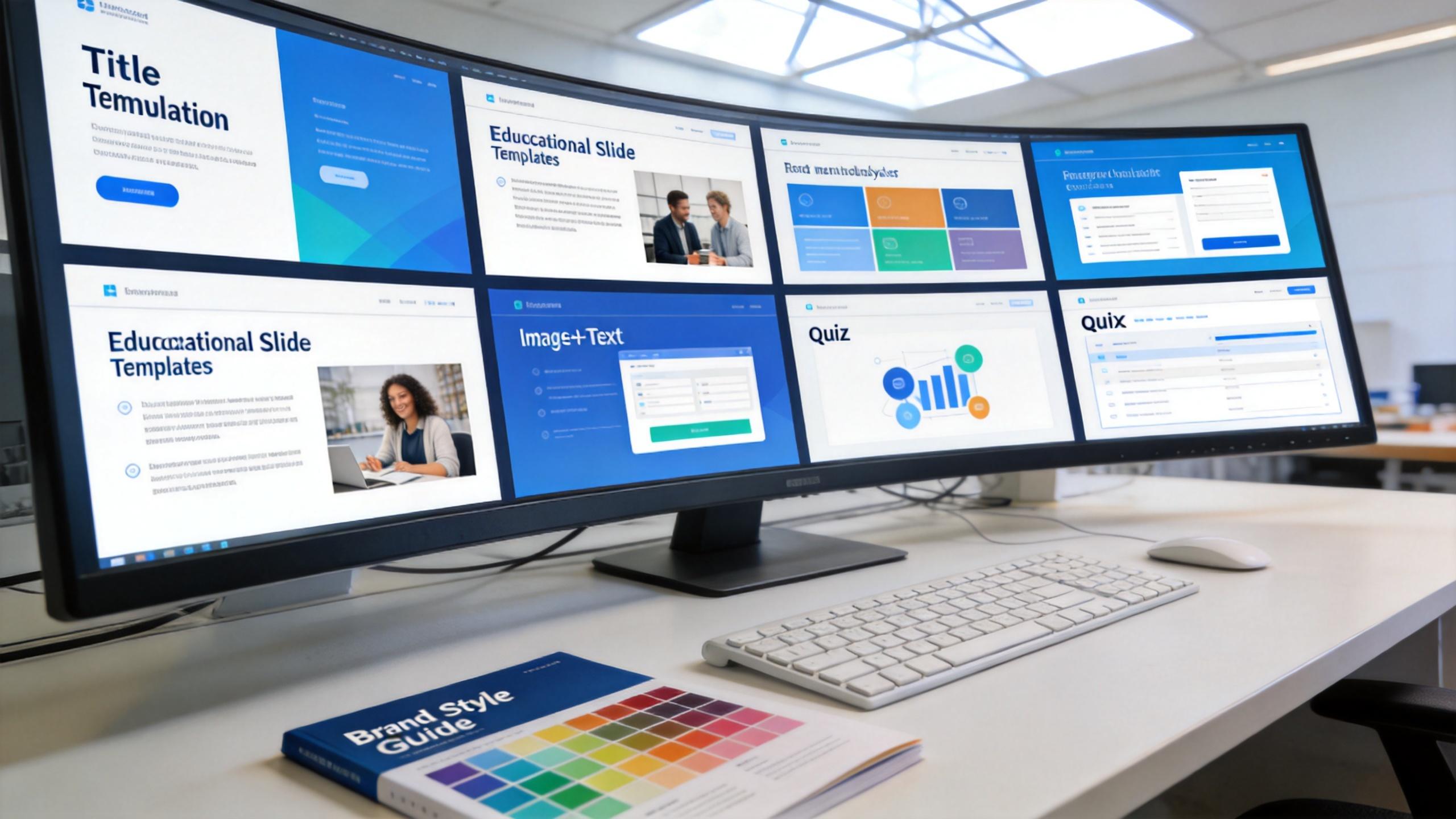 Desktop monitor displaying multiple educational slide template layouts on a worktable