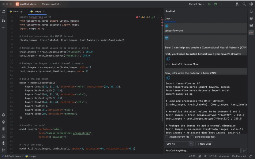 Interface of AskCodi - an efficient tool for AI coding