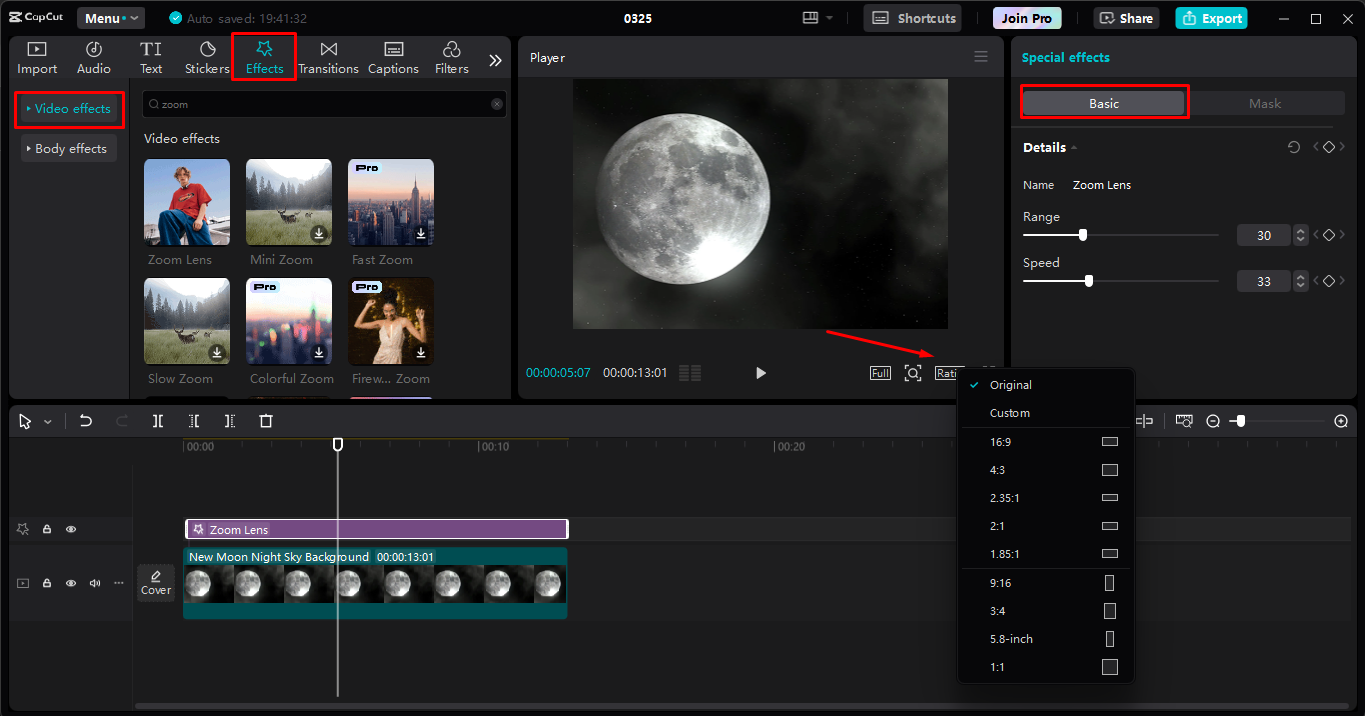 Anwendung und Anpassung des Zoomeffekts im CapCut Desktop-Videoeditor