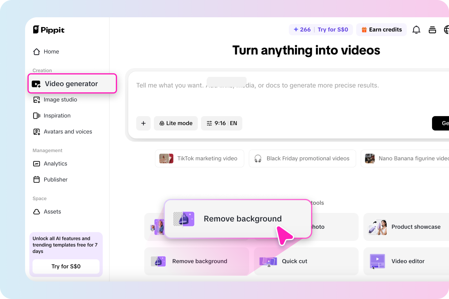 Opening Remove background tool in Pippit