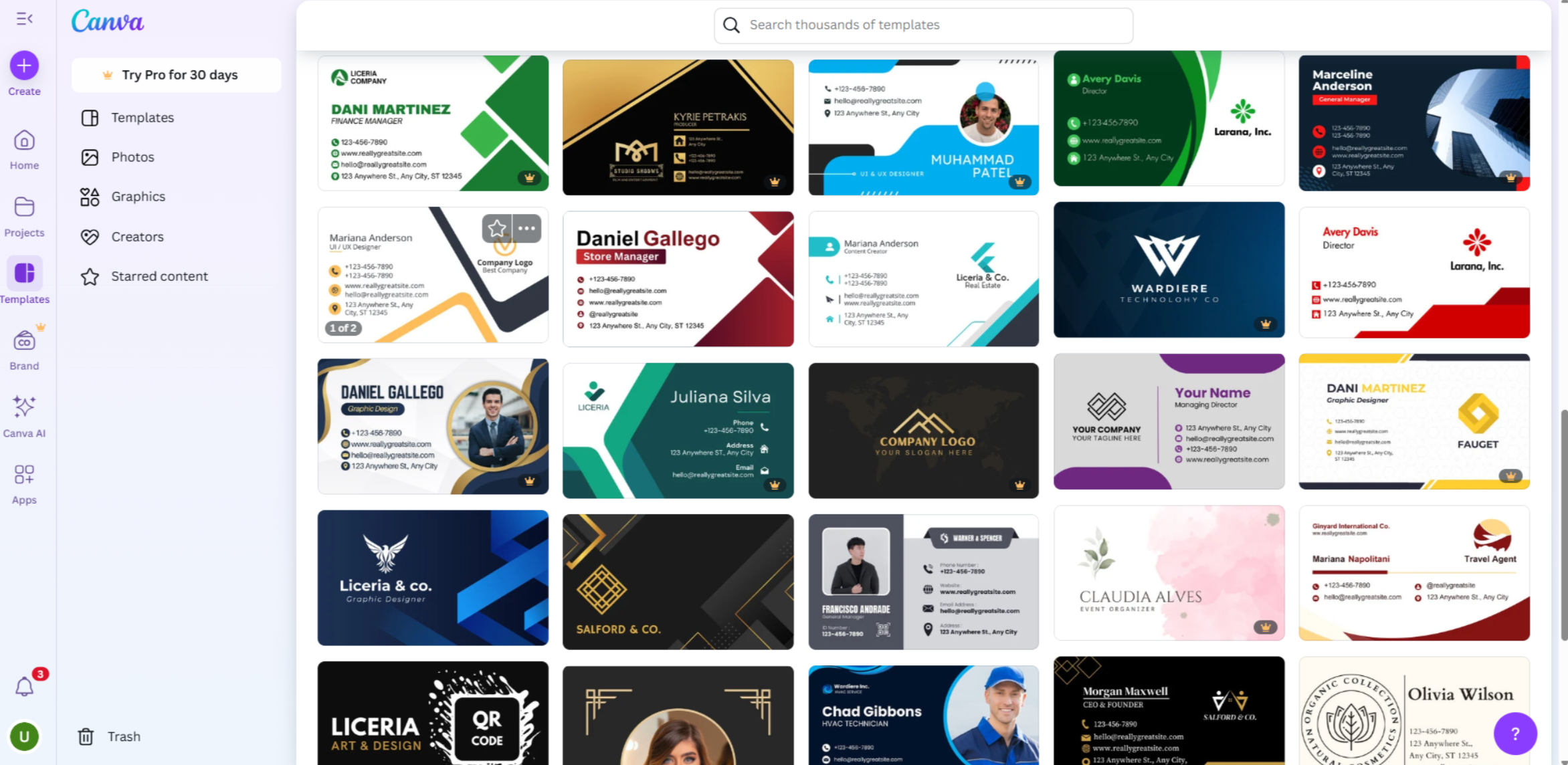 Interface of Canva - a good tool to download business card templates
