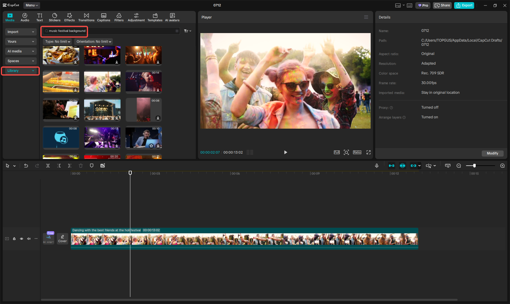 Selezionare un video/immagine per lo sfondo del festival musicale in CapCut