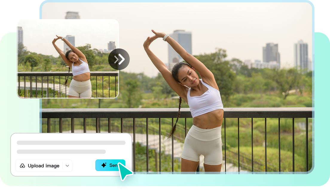Inside before-and-after outdoor fitness portrait of a stretching woman, the view contains a prompt panel
