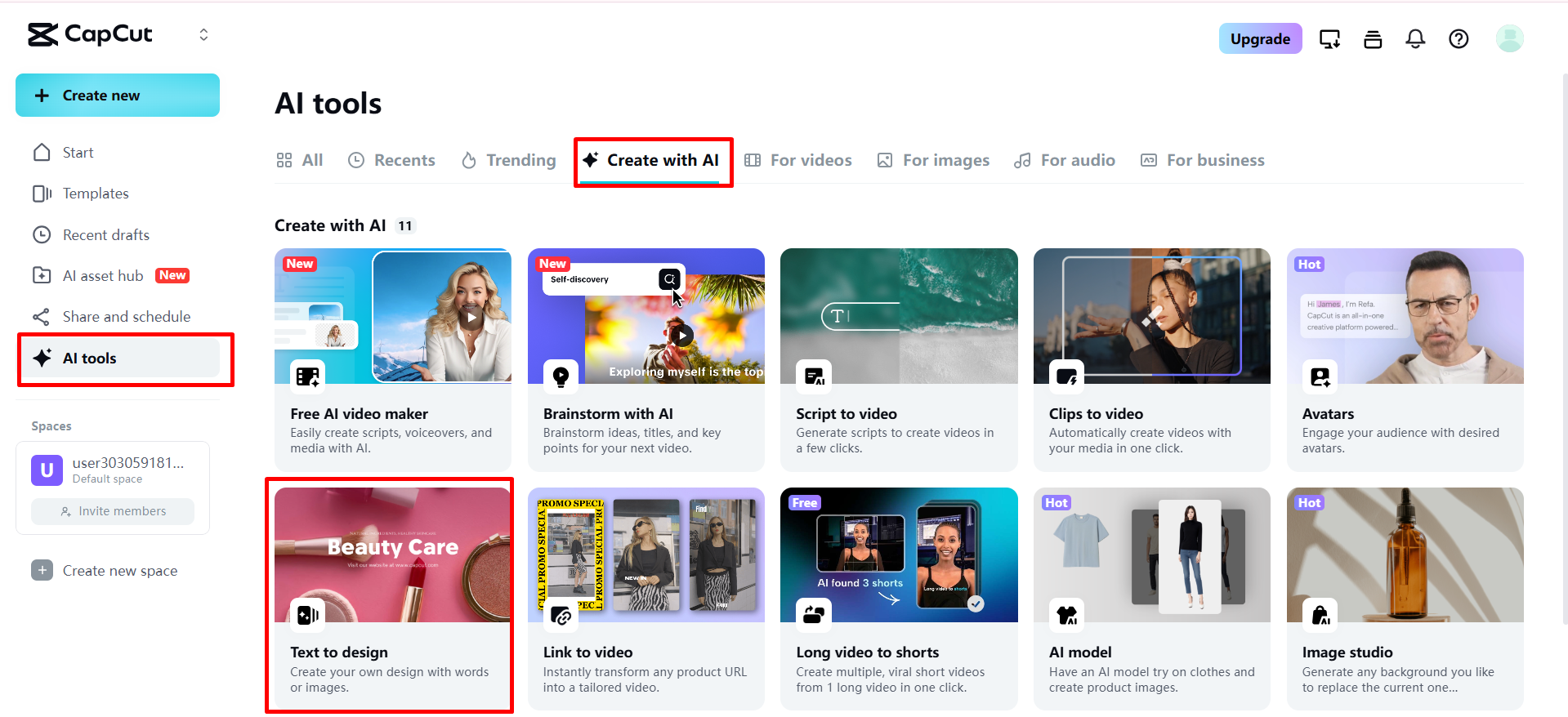 فتح ميزة تحويل النص إلى تصميم على CapCut Web
