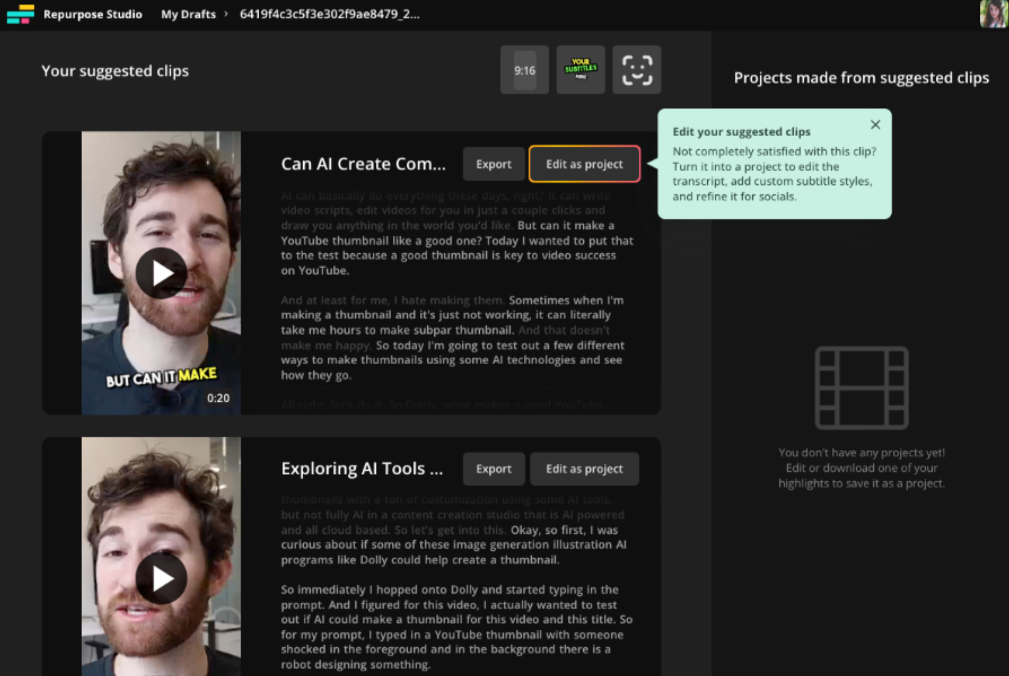 Selecting the AI suggested clips in the Kapwing video editor