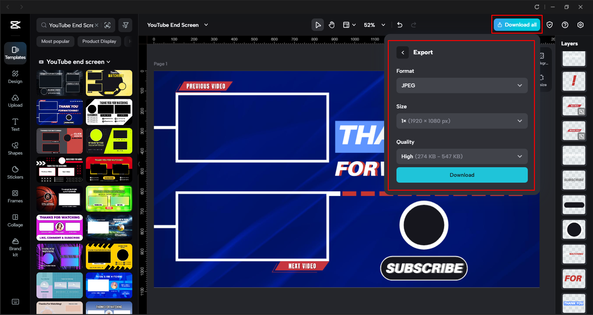 Exportation du modèle d'écran de fin YouTube à partir de l'éditeur vidéo de bureau CapCut