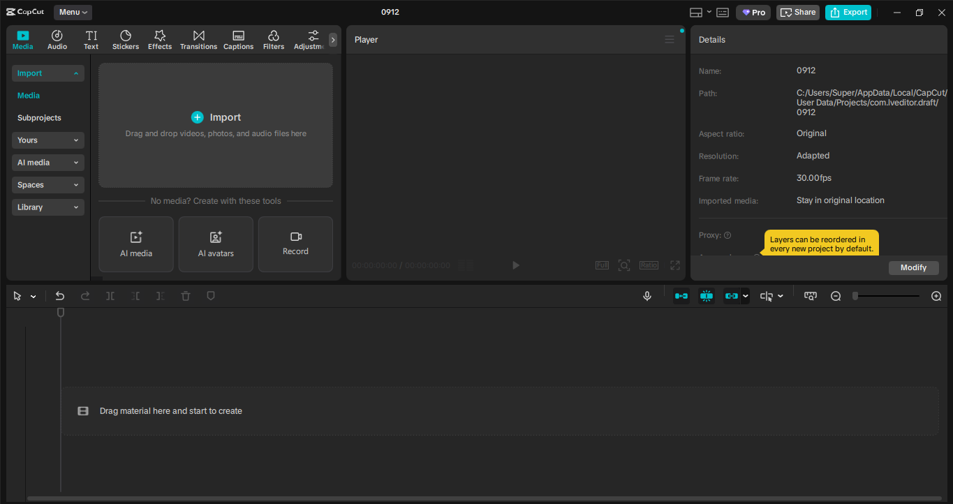 Importing video in the CapCut desktop video editor