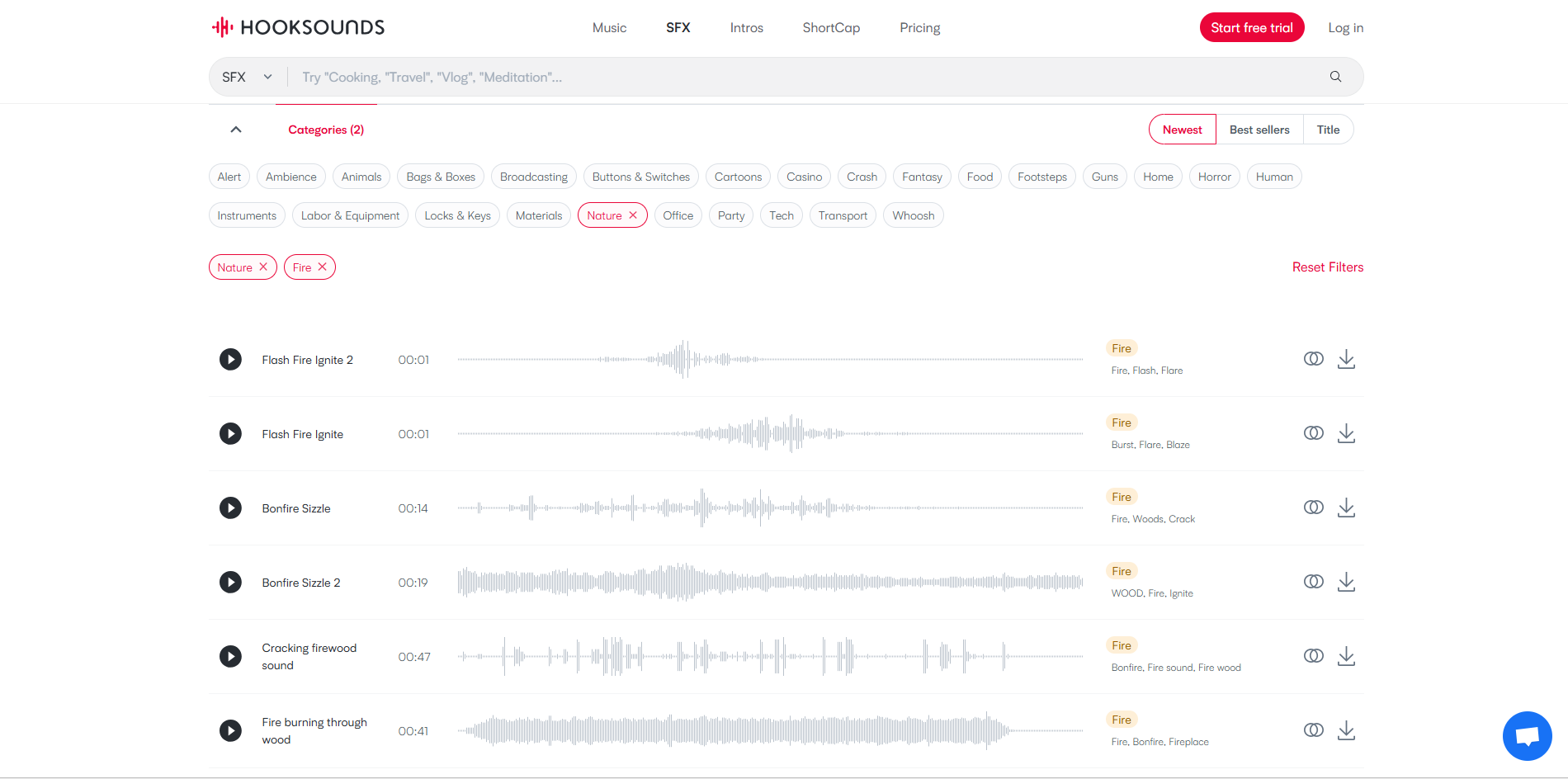Interface of HookSounds - a good resource for roaring fire sound effects